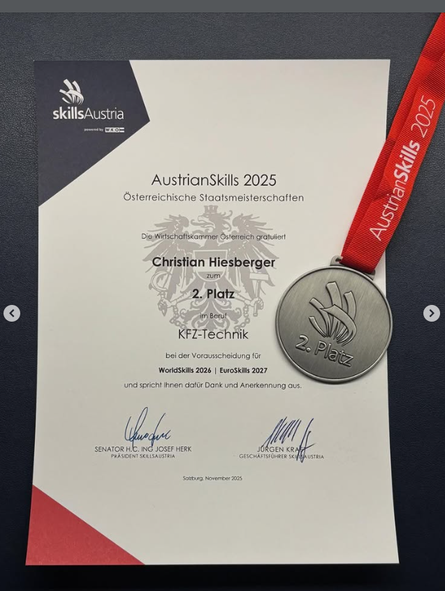 Urkunde AustrianSkills 2025 mit Silbermedaille