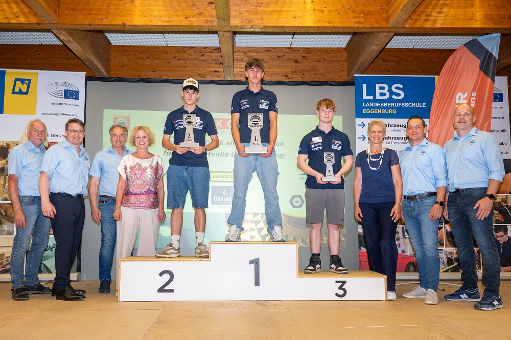 Podium KB-Technik gemeinsam mit Innungsmitglied Johann Egger-Richter, Innungsmeister Gerald Kisser, Innungsmeister-Stellvertreter Roman Keglovits-Ackerer, Bürgermeisterin Margarete Jarmer und Berufsschuldirektorin Belinda Kalab sowie die beiden Fachlehrer Mathias Schmied und Josef Dangl